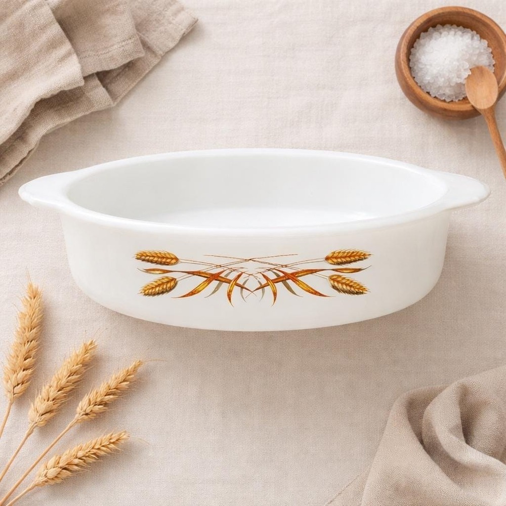 Vintage Fire King Golden Wheat Milk Glass Casserole Dish Anchor Hocking Round1qt